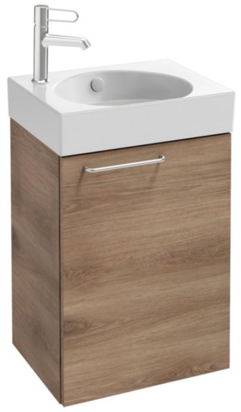 Meuble sous lave-mains. L43,5 x P35,3 x H59,1 cm. 1 porte à fermeture ralentie. Charnières à droite. A commander avec le lave-mains EGN112. Mélaminé Chêne tabac Réf. EB2580D-R5-E52