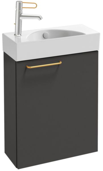 Meuble sous lave-mains. L48,5 x P21,3 x H59,1 cm. 1 porte à fermeture progressive, charnières à droite. 1 rayon intérieur. Poignée doré. A commander avec le lave-mains EGO112-56 ou EGO112-55. Noyer Naturel Réf. EB2581D-R8-E77