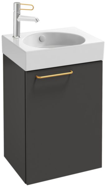 Meuble sous lave-mains. L43,5 x P35,3 x H59,1 cm. 1 porte à fermeture ralentie. Charnières à gauche. A commander avec le lave-mains EGN112. Mélaminé Chêne Québec Réf. EB2580G-R8-E10