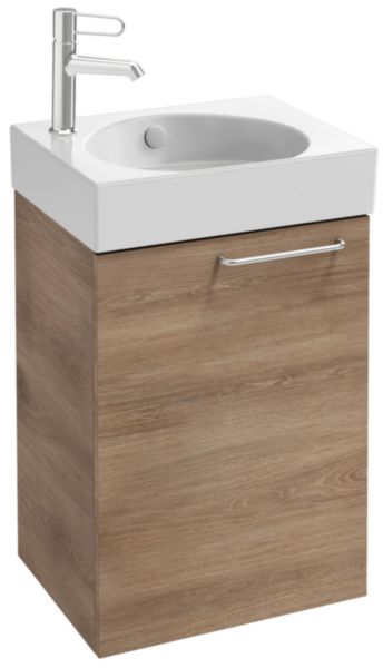 Meuble sous lave-mains. L43,5 x P35,3 x H59,1 cm. 1 porte à fermeture ralentie. Charnières à gauche. A commander avec le lave-mains EGN112. Mélaminé Chêne Québec Réf. EB2580G-R5-E10