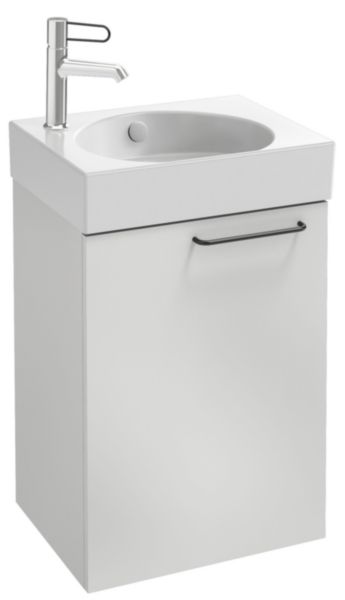 Meuble sous lave-mains. L43,5 x P35,3 x H59,1 cm. 1 porte à fermeture ralentie. Charnières à gauche. A commander avec le lave-mains EGN112. Laque brillante Blanc Réf. EB2580G-R9-G1C