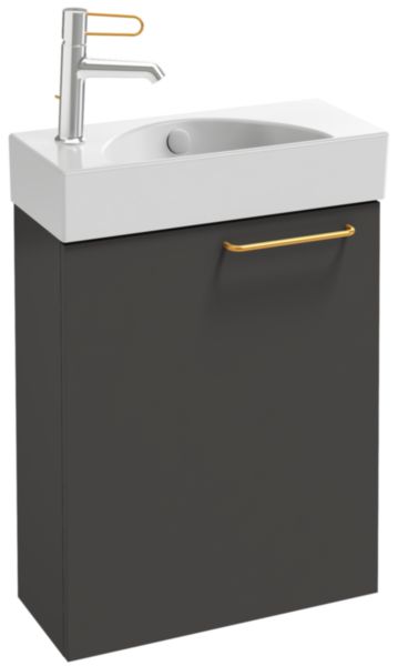 Meuble sous lave-mains. L48,5 x P21,3 x H59,1 cm. 1 porte à fermeture progressive, charnières à gauche. 1 rayon intérieur. Poignée doré. A commander avec le lave-mains EGO112-56 ou EGO112-55. Noyer Naturel Réf. EB2581G-R8-E77