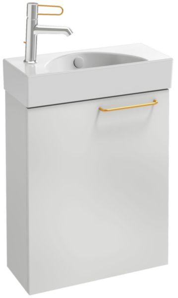 Meuble sous lave-mains. L48,5 x P21,3 x H59,1 cm. 1 porte à fermeture ralentie. Charnières à gauche. A commander avec le lave-mains EGO112-55. Laque brillante Blanc Réf. EB2581G-R8-G1C