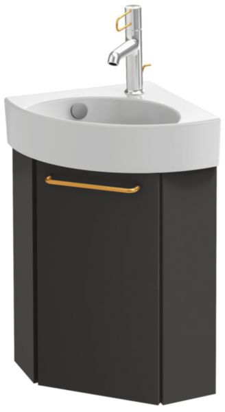 Meuble d'angle sous lave-mains. L45,5 x P21,6 x H48 cm. 1 porte à fermeture progressive, charnières à droite. Poignée doré. A commander avec le lave-mains EGP112. Noyer Naturel