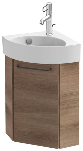 Meuble d'angle sous lave-mains. L45,5 x P21,6 x H48 cm. 1 porte à fermeture ralentie. Charnières à droite. A commander avec le lave-mains EGP112. Laque brillante Blanc