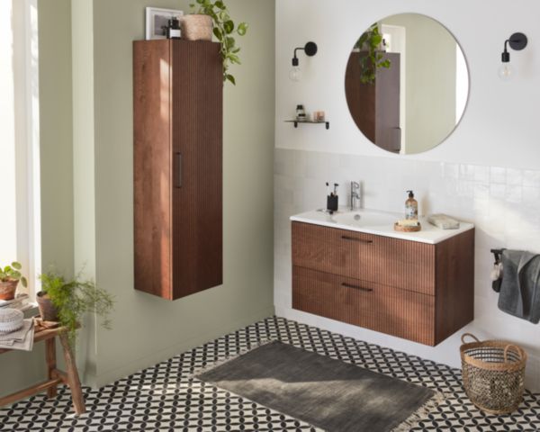 Meuble sous plan-vasque ODEON RIVE GAUCHE L80 x P51 x H57 cm, 2 tiroirs à fermeture progressive, avec passe-siphon, poignées noires, finition chêne torréfié Réf. EB3072-R9-P15