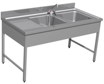 Plonge standard GAMME 600 avec pietement carré L140 x l60 x H85 cm, 2 cuves L40 x l40 x P30 cm avec égouttoir à gauche réf. 11256-G