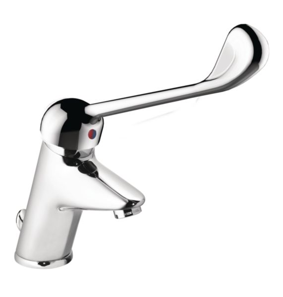 Mitigeur lavabo hospitalier à bec fixe hauteur sous bec 78,5 mm, saillie 110 mm. Commande au coude avec vidage laiton chromé Réf. 75610