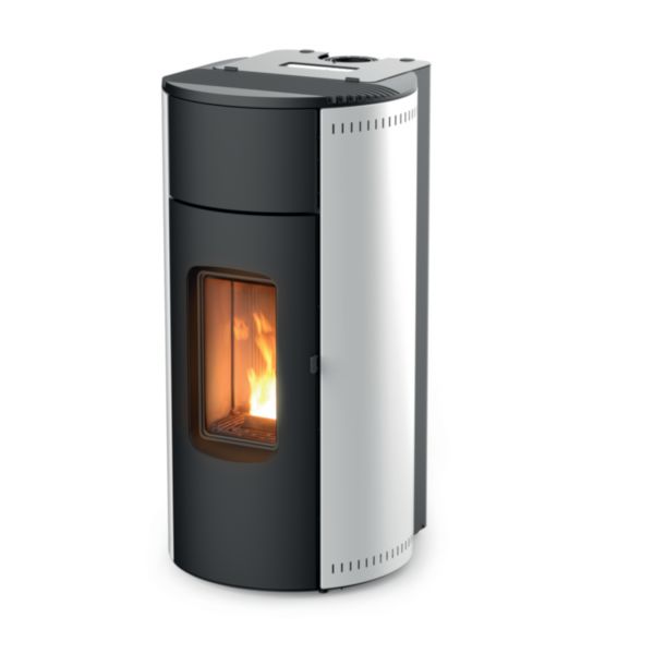 Poêle à granulés KUNAL 8 XUP S1 8 KW fonte fuselé, revêtement en acier White/Silver/Black. Évacuation supérieure coaxiale 8/13 cm. Réf. 7121054