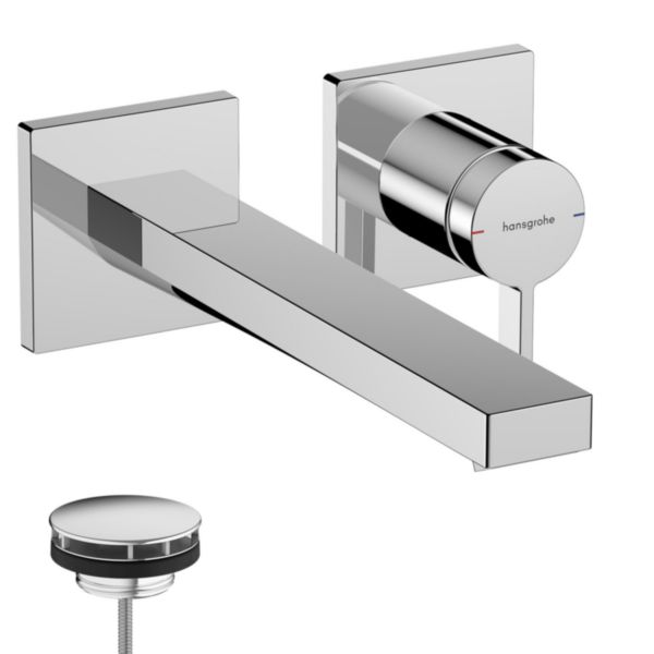 Mitigeur lavabo Tecturis E encastré mural, bec 22.5 cm, bonde à écoulement libre Chromé Réf. 73051000