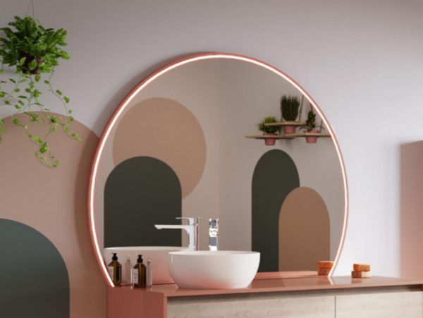 Miroir Moon+ diamètre 140 cm avec cadre laqué satiné bois de rose et éclairage périphérique réf : 905067-2447