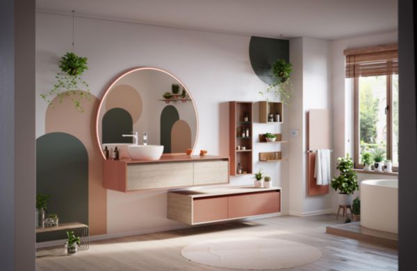 Meuble sous vasque 1 tiroir L.140 cm, côtés laqué brillant bois de rose et façade mélaminé hickory clair pour vasque à poser à gauche réf : 885169-2448-2558