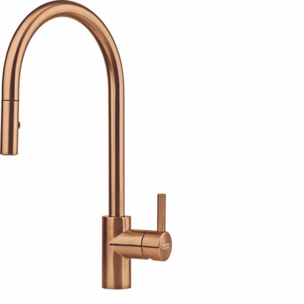 Mitigeur évier EOS NEO , Douchette double-jet , Levier bas 0°/90° , Tout Inox , Rotation Bec Col de cygne 180° PVD Cuivre réf.911252