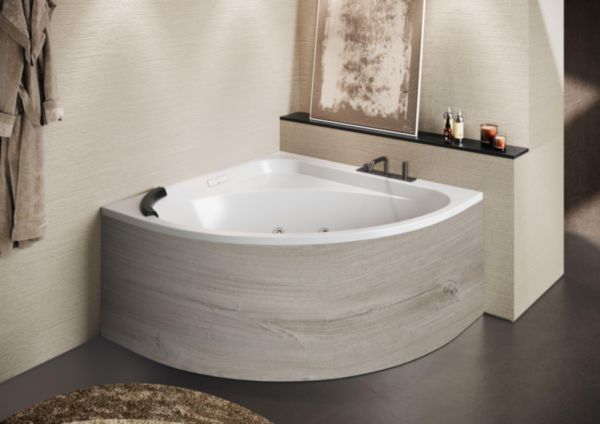 Baignoire d'angle STILE C version Whirlpool avec système de désinfection, Chromolight avec variations de couleurs, commande sensitive et Bluetooth. Tablier Dolomite. Robinetterie non incluse. Ref.STI3135135O1-A1X
