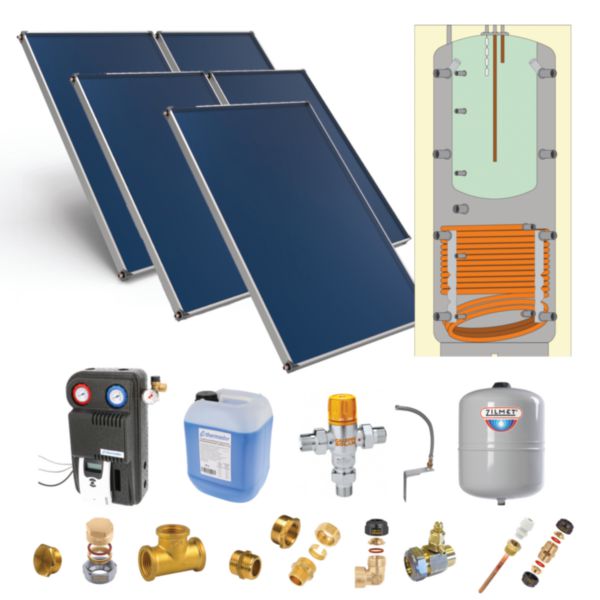 Pack solaire Astrea Pack G -SSC : 4 capteurs solaires-ballon combiné 600L type BSEBM0600HE production ECS bain-marie (146L), soutien énergie primaire(bois-gaz-…)-kit accessoires complet-fixation panneaux toiture inclinée Réf. PSOLCHECSPMA46