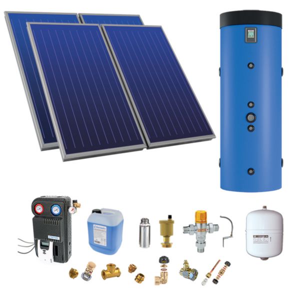 Pack solaire Astrea Pack E - SSC : 4 capteurs solaires-ballon combiné 400L BM04 production ECS instantanée par échangeur à plaques HP, soutien énergie primaire (PAC)-kit accessoires complet-fixation panneaux toit incliné-Réf. PSOLCHECSPBM44