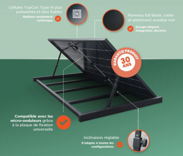 Kit solaire plug and play 520W bifacial biverre topcon module 1960x1134x30mm sans micro onduleur inclus : système au sol avec angle variable plaque de montage micro onduleur toute marque 2000mm de câble DC AR04942