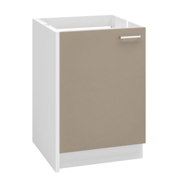 Meuble bas cuisinette ONELIA finition argile, épaisseur 16 mm, largeur 570 mm, 1 porte, 1 étagère, pieds à vérins réglables de 0 à 15 mm, charnières freinées et poignée Zamak intégrée Réf. ABOP057D10