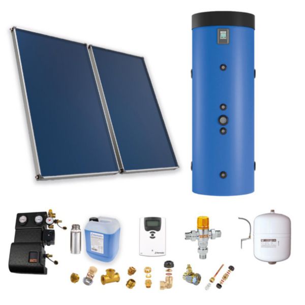 Pack solaire Astrea E - Système solaire combiné : 4 capteurs - ballon combiné 500L BS05 production ECS instantanée, échangeur à plaques HP, soutien énergie primaire (type PAC) - kit accessoires - fixation toiture plate Réf. PSOLCHECSPBM45TP