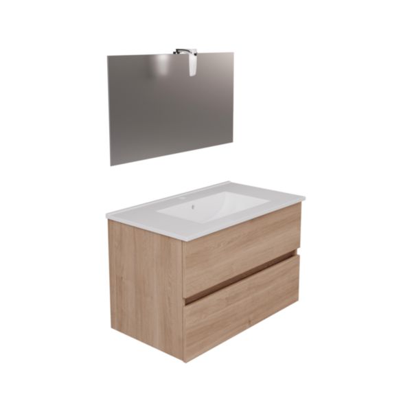 Meuble à monter ALTERNA avec miroir et spot PRIMEO KIT 80 CM Chêne