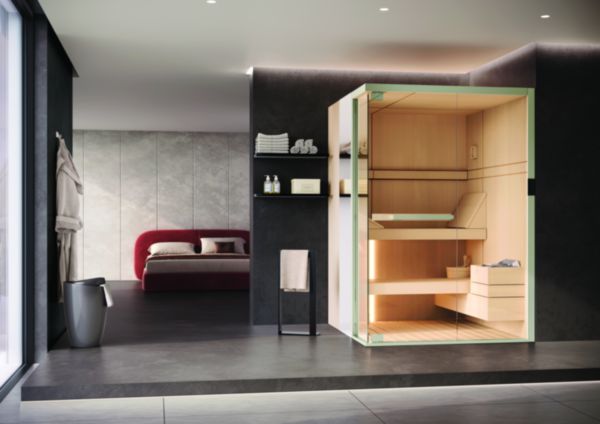 Sauna150x120 angle gauche bois chromo light+bt gravel grey abachi  Réf. CLT11512ASW6-86LA