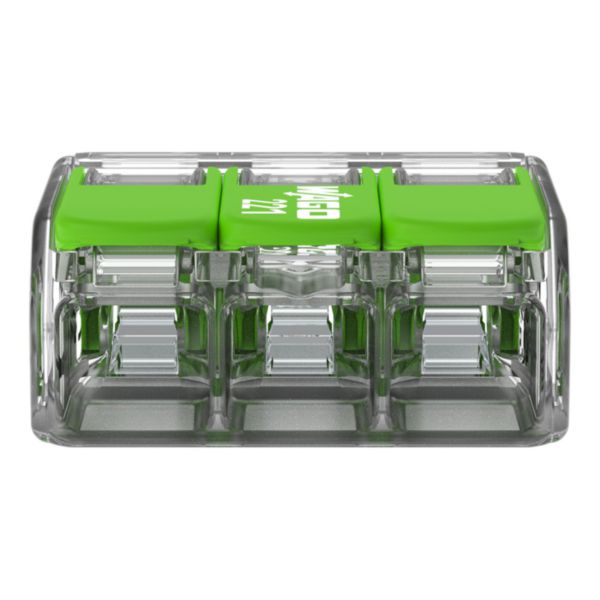 Borne à raccordement WAGO 221 Green 3x4mm² à leviers souple & rigide (boite de 50 pièces) Réf : 221-423
