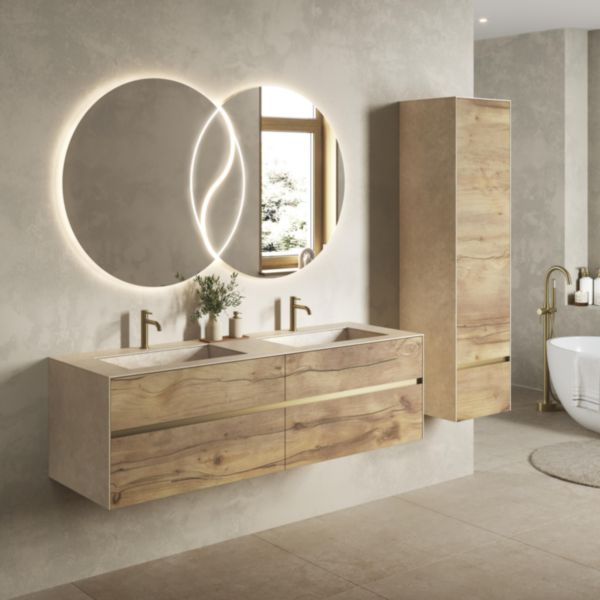 Meuble double vasques intégrées KARMA L.180 x P.52 x H.50 cm finition Terra beige et Chêne poutre Réf. 182727400001