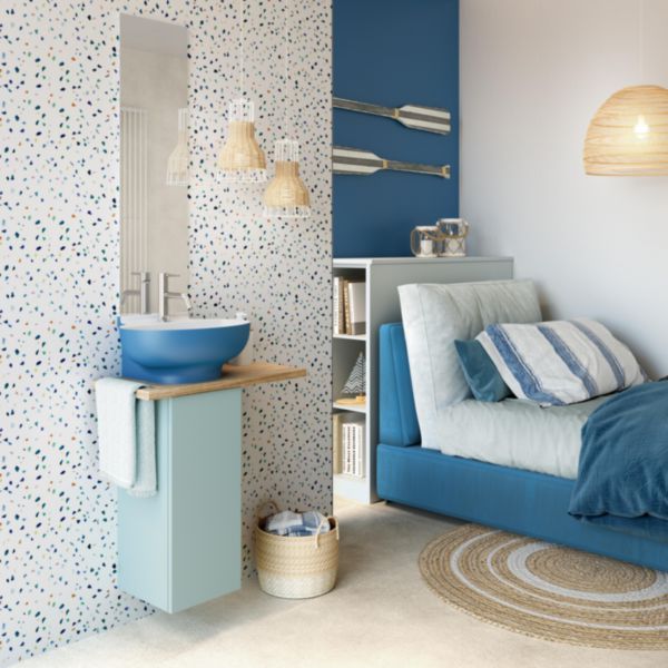 Lave-mains SKIM L.60 x P.32 x H.20,5 cm avec tablette Fraké massif, finition Bleu comète mat Réf. 114751200002