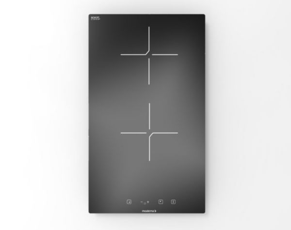 Domino MT+ vitrocéramique avec touches sensitives et minuterie, 2 zones 1500 Watts, sécurité enfant et détection de casserole, finition plein verre noir avec sérigraphie Réf. MTCS031Z01