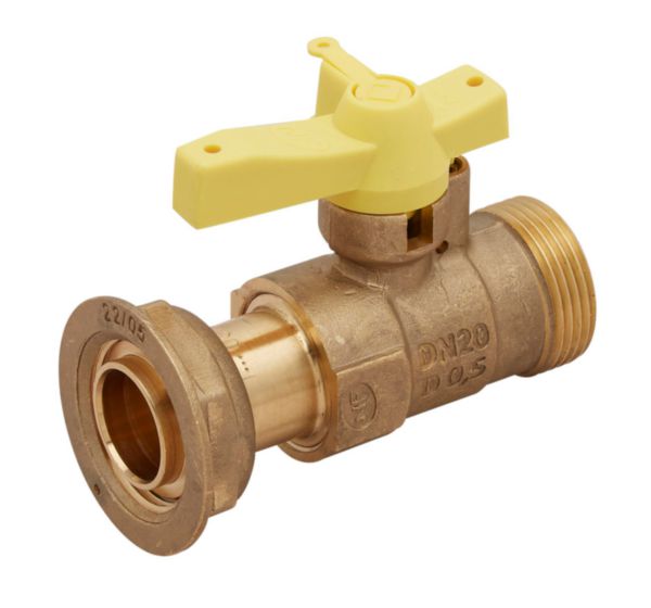 Robinet de compteur type D mâle femelle JPC DN20   manette jaune+vis condam / skinpack Réf. 22058220