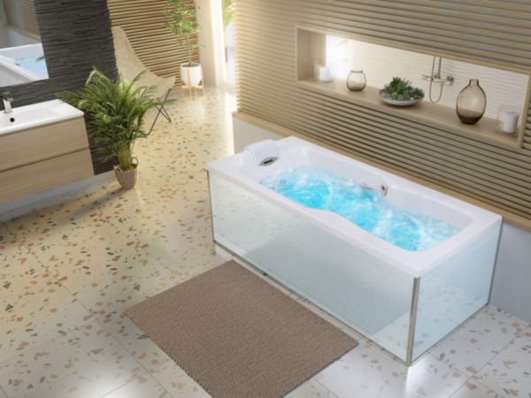 Pack baignoire balnéo KINEPLUS 180x80 tête à gauche tablier facade et tablier retour verre blanc Réf. BKP4180BGCPL1
