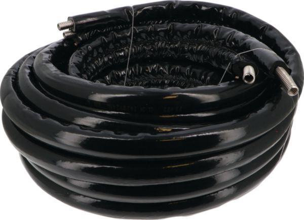 Conduit inox bi-tube pré-isolé, résistant aux UV et rongeurs, avec fil de sonde en gaine PVC. Diamètre 16 mm, longueur de 10m, livré avec 4 raccords 3/4" FF. Pression max : 10 bar, température maximale de 175 °C. Réf. CIBT20L10RUV