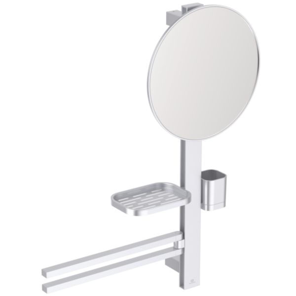 Beauty bar ALU+ Argent brossé, ensemble d'accessoires pour point d'eau avec barre aluminium 70 cm et miroir rond 30 cm fixe, 1 verre à dents, 1 tablette 18 x 10 cm et 2 porte-serviettes amovibles Réf. BD588SI