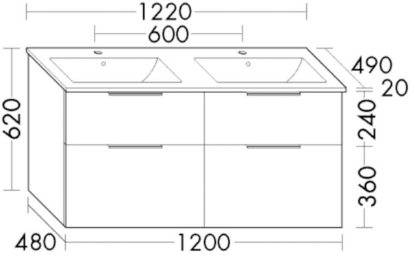 Meuble sous-vasque EQIO SMART 4 tiroirs L.122 cm, double vasque en céramique avec découpe pour siphon et aménagement intérieur, finition Chêne décor cachemire/Blanc alpin et grande poignée Noir mat Réf. SGZI122F3671C0001G0252