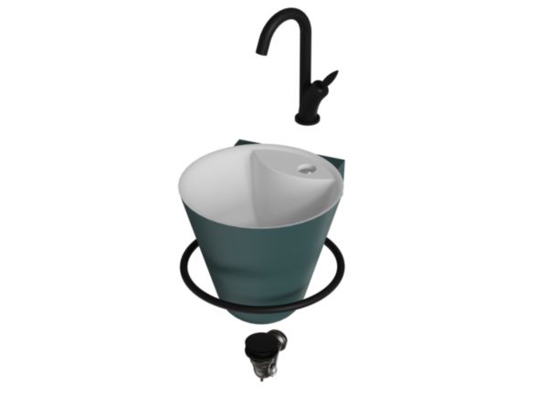 Pack 5 pièces lave-mains CONE Solid Surface toundra mat  avec porte-serviettes + bonde champignon + siphon gain de place + mitigeur Flamme noir mat Réf. 114702400017