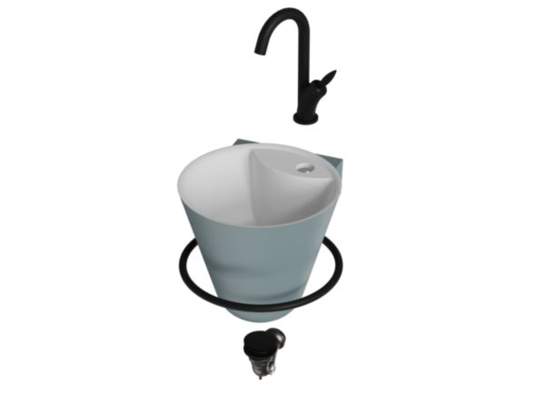 Pack 5 pièces lave-mains CONE Solid Surface baltique mat  avec porte-serviettes + bonde champignon + siphon gain de place + mitigeur Flamme noir mat Réf. 114702400025
