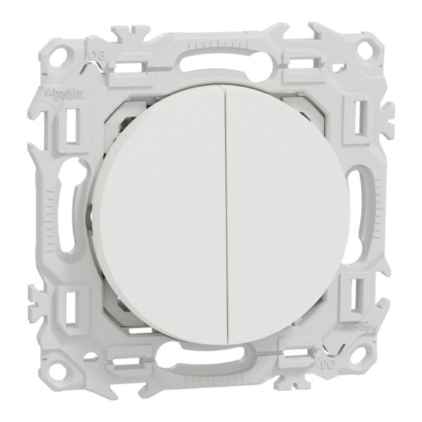 Odace - double va-et-vient ou poussoir - multifonctionnel - 3x2 bornes auto - 10AX 250V CA 50Hz - devient lumineux avec LED S989292 - IK04 IP21D - cache peinture - blanc RAL 9003 mat - IK04 IP21D Réf. S920214