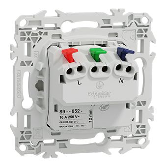 Odace - prise de courant 2P+T affleurante - montage griffes possible - 3x2 bornes auto - 1x1,5 à 2x2,5 mm² rigide ou souple - 16A 250VCA 50Hz - cache peinture - blanc RAL 9003 mat - IK04 IP21D Réf. S920052