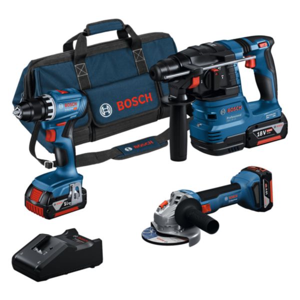 Lot 3 outils 18V : Perceuse - Meuleuse - Perforateur GSR 18V-45 + GWS 18V-8 + GBH 18V-22 + 3x GBA 18V 4.0Ah + GAL 18V-40 + sac Réf. 0615A5007L