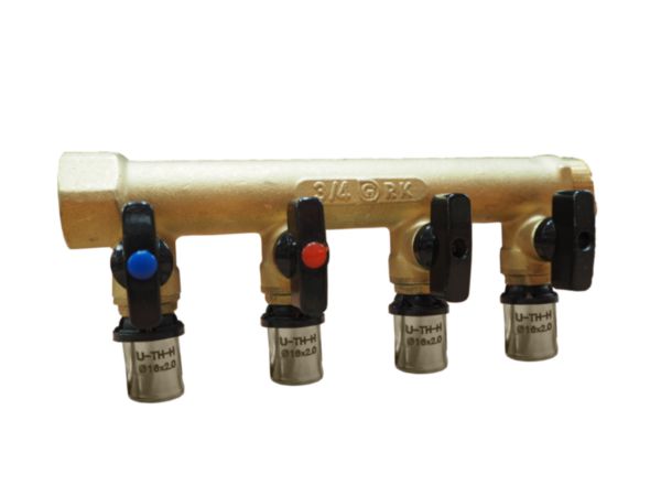 Distributeur avec mini vanne MF 3/4 et  4 derivations pour multicouche 16 Réf. 958G-4MC16