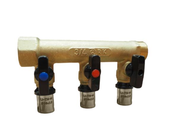 Distributeur avec mini vanne MF 3/4 et  3 derivations pour multicouche 16 Réf. 958G-3MC16
