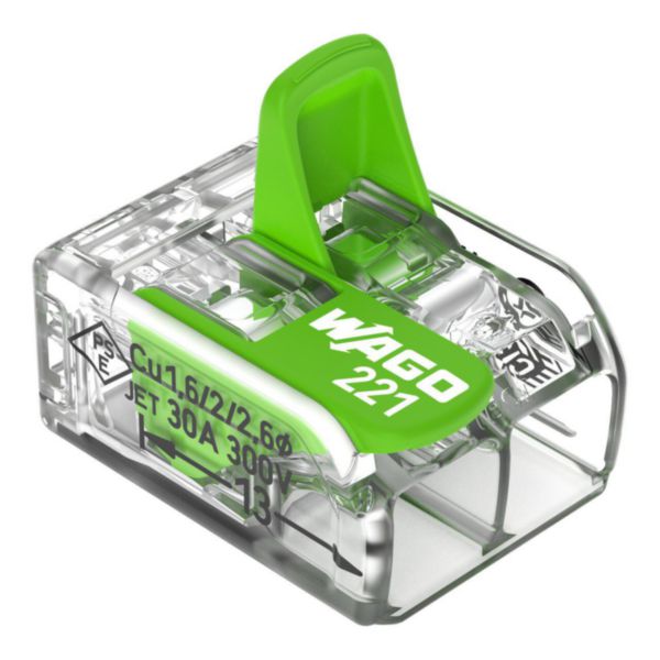 Borne WAGO 221 Green 2x6mm² à leviers souple et rigide, boite de 50 pièces Réf. 221-622