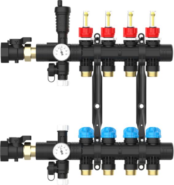 Collecteur pré-monté NIS+: barreau aller avec 10 débitmètres purgeur automatique vanne de vidange + barreau retour avec 10 vannes pistons purgeur manuel vanne de vidange + 2 vannes d'arrêt + support mural avec fixations + 2 thermomètres Réf. 1409040498