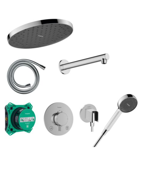 Pack de douche à encastrer ACTIVERA S avec mitigeur thermostatique  ECOSTAT COMFORT E, corps d'encastrement, douche de tête 1jet, bras de douche, douchette à main 2jets, sortie murale, flexible de douche chromé Réf. 28860000