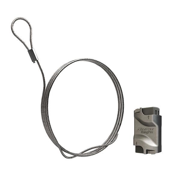 Système de suspension par câble HangPro 1 universel. Prêt à l'emploi. Composé d'un câble de longueur de 2 m équipé d'un embout Boucle et d'un verrou autobloquant à déverrouillage intégré. Charge de travail de 20 kg (Certifié Apave) réf : HP1-LG-2M