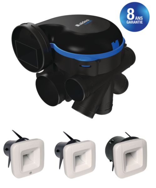 Kit EasyHOME HYGRO MW' BDH - VMC simple flux hygroréglable silencieuse- Rénovation jusqu'à 4 sanitaires. Livré avec 3 bouches BDH piles (Cuisine/Bain/WC) - Réf. 11033434