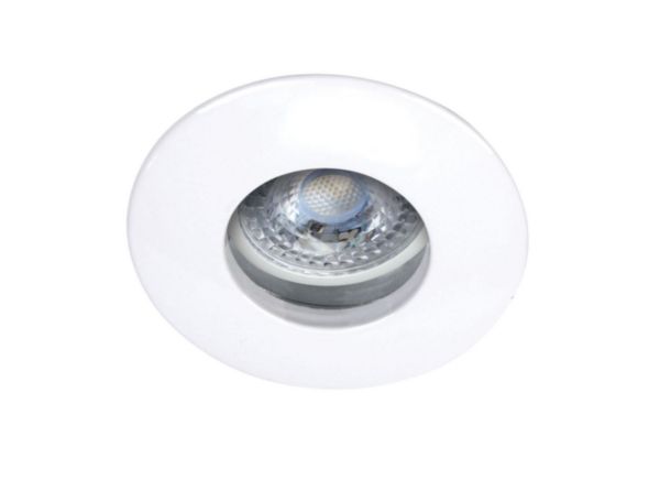 Encastré GU5,3, rond Ø86mm, blanc, IP20/65, Classe 3, autorisé Volume 1, fourni avec lampe LED 5,3W 3000K 460 lumens 15000H (flux sortant appareil 370lm) et Alimentation Classe 2, IP20. Réf. 51044