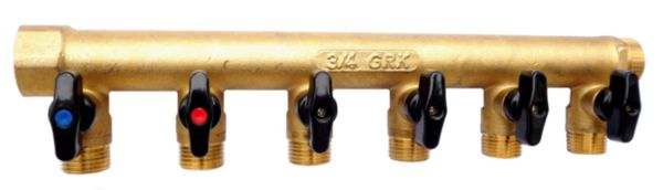 Collecteur mf 20x27 entraxe 50mm 6 derivations mini-vannes integrees male 15X21 réf 9581I