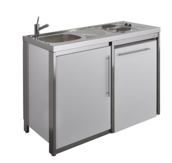 Meuble bas cuisinette METALLINE 120 cm  1 porte avec niche pour réfrigérateur 55 cm, Coloris Aluminium