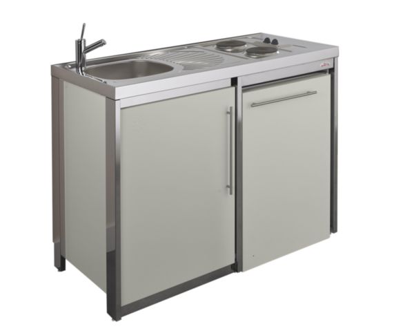 Meuble bas cuisinette METALLINE 120 cm  1 porte avec niche pour réfrigérateur 55 cm, Coloris Soie